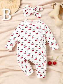 SHEIN Vintaside Kids 新生嬰兒女裝櫻桃印花荷葉邊連體褲和頭帶 - 白色 - 查看 7