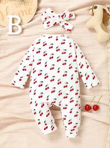 SHEIN Vintaside Kids 新生嬰兒女裝櫻桃印花荷葉邊連體褲和頭帶 - 白色 - 查看 2