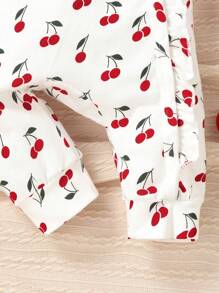 SHEIN Vintaside Kids 新生嬰兒女裝櫻桃印花荷葉邊連體褲和頭帶 - 白色 - 查看 3