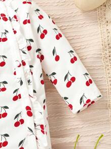 SHEIN Vintaside Kids 新生嬰兒女裝櫻桃印花荷葉邊連體褲和頭帶 - 白色 - 查看 4
