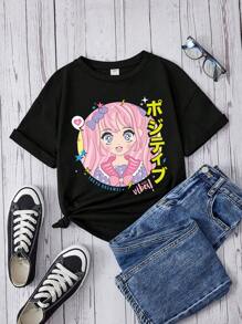 Tween Girl Japanese Letter & Figure Graphic Tee - Black - View 1