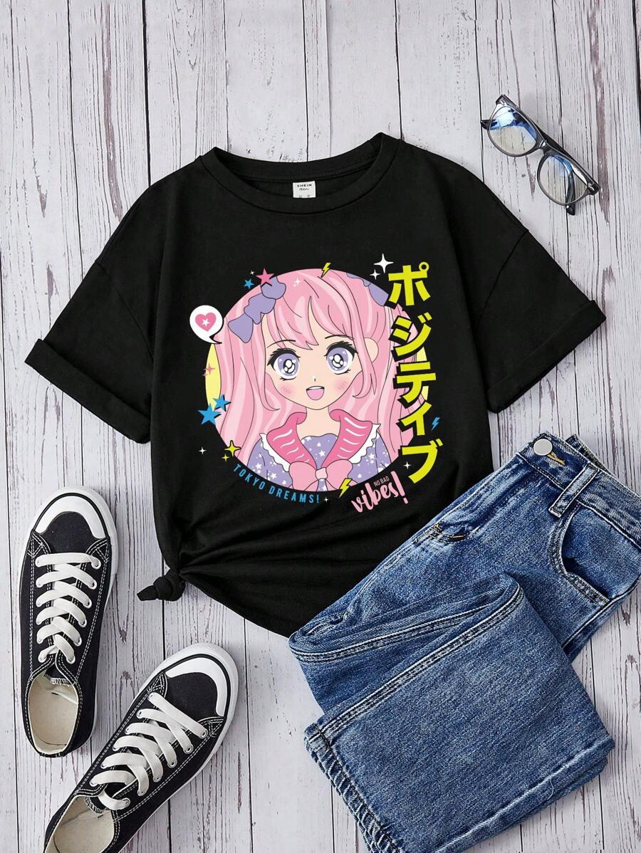 Tween Girl Japanese Letter & Figure Graphic Tee - Black - View 1