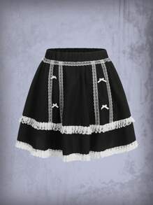 ROMWE Goth Plus Contrast Lace Bow Decor Skirt - Black - View 1