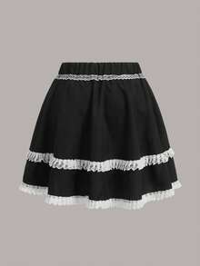 ROMWE Goth Plus Contrast Lace Bow Decor Skirt - Black - View 2