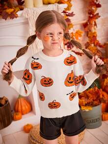 SHEIN Young Girl Halloween Pumpkin Pattern Drop Shoulder Jumper - Multicolor - View 5