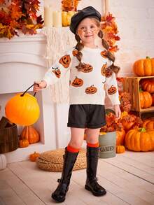 SHEIN Young Girl Halloween Pumpkin Pattern Drop Shoulder Jumper - Multicolor - View 6