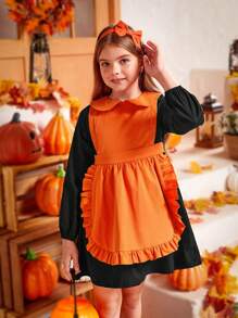 SHEIN Cô gái Tween Hai âm Viền Ruffle Tay áo lồng đèn Đầm Với băng đô - Nhiều màu - Xem 3