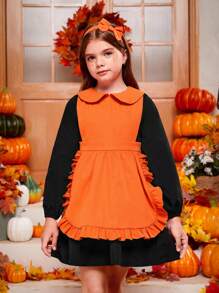 SHEIN Cô gái Tween Hai âm Viền Ruffle Tay áo lồng đèn Đầm Với băng đô - Nhiều màu - Xem 5