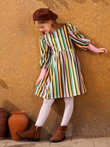 SHEIN Cô gái Tween 1 Miếng In sọc Ống tay áo Váy Smock - Nhiều màu - Xem 1