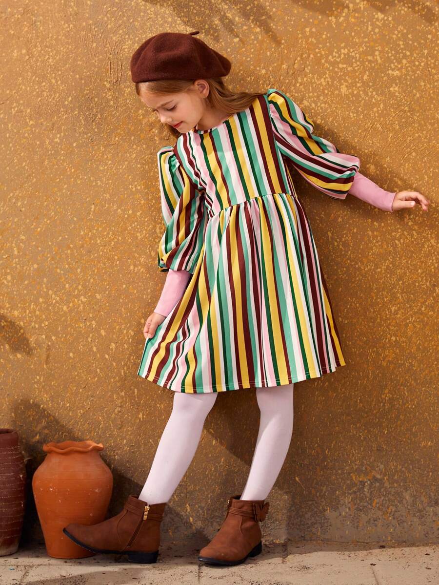 SHEIN Cô gái Tween 1 Miếng In sọc Ống tay áo Váy Smock - Nhiều màu - Xem 1