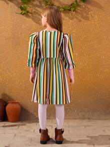 SHEIN Cô gái Tween 1 Miếng In sọc Ống tay áo Váy Smock - Nhiều màu - Xem 2