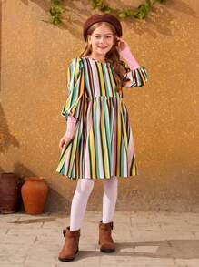 SHEIN Cô gái Tween 1 Miếng In sọc Ống tay áo Váy Smock - Nhiều màu - Xem 3