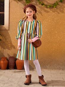 SHEIN Cô gái Tween 1 Miếng In sọc Ống tay áo Váy Smock - Nhiều màu - Xem 4