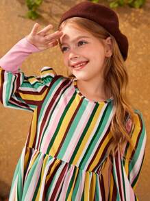 SHEIN Cô gái Tween 1 Miếng In sọc Ống tay áo Váy Smock - Nhiều màu - Xem 6