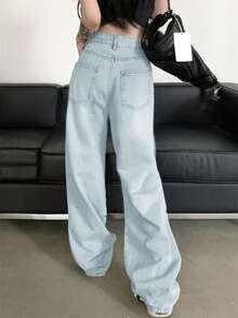 Chất rắn Quần jean ống rộng rách - Rửa nhẹ - Xem 2