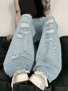 Chất rắn Quần jean ống rộng rách - Rửa nhẹ - Xem 4