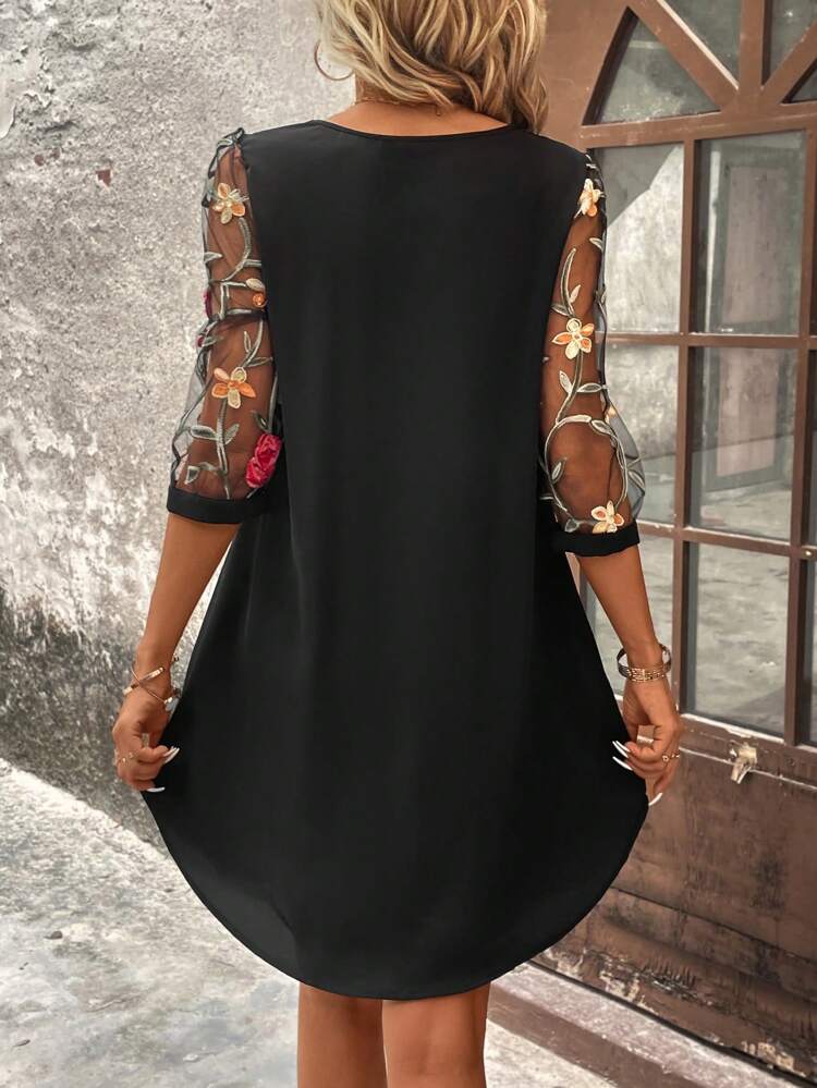 Floral Embroidery Mesh Sleeve Keyhole Neck Dress  Black Patchwork Embroidered Mesh Short Loose Dress, Wedding Guest Dress, Elegant Country Casual Dress, Rose Sleeves, Rose Embroidered Mesh Patchwork.