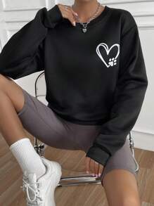 SHEIN Unity 愛心圖案落肩袖運動衫 - 黑色 - 查看 1