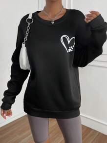 SHEIN Unity 愛心圖案落肩袖運動衫 - 黑色 - 查看 4