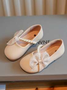 Children's Girl's Butterfly & Faux Pearl Decorated Mary Jane Flat Shoes - Apricot - View 1