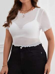 SHEIN Essnce Plus Lettuce Trim Sheer Mesh Top Without Bra