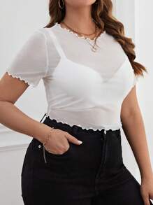 SHEIN Essnce Plus Lettuce Trim Sheer Mesh Top Without Bra