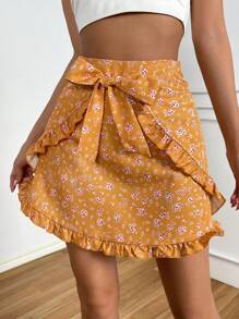 SHEIN VCAY Ditsy Floral Print Ruffle Trim Tie Front Skirt - Yellow - View 1