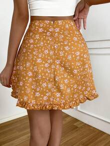 SHEIN VCAY Ditsy Floral Print Ruffle Trim Tie Front Skirt - Yellow - View 2
