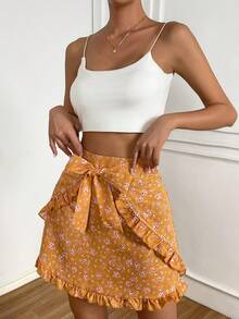 SHEIN VCAY Ditsy Floral Print Ruffle Trim Tie Front Skirt - Yellow - View 3