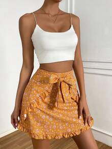 SHEIN VCAY Ditsy Floral Print Ruffle Trim Tie Front Skirt - Yellow - View 4