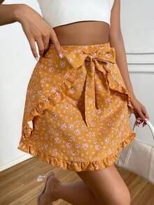 SHEIN VCAY Ditsy Floral Print Ruffle Trim Tie Front Skirt - Yellow - View 6