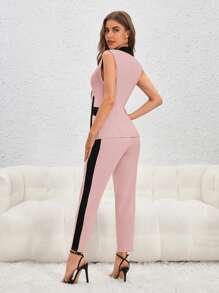 SHEIN Privé Chaleco de doble botonadura con paneles de contraste y pantalones para otoño/invierno - Rosa vieja - Ver 2