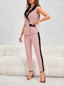SHEIN Privé Chaleco de doble botonadura con paneles de contraste y pantalones para otoño/invierno - Rosa vieja - Ver 4