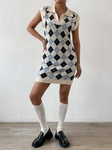 SHEIN Unity 菱形图案休闲百搭无袖毛衣裙 - 彩色 - 查看 3