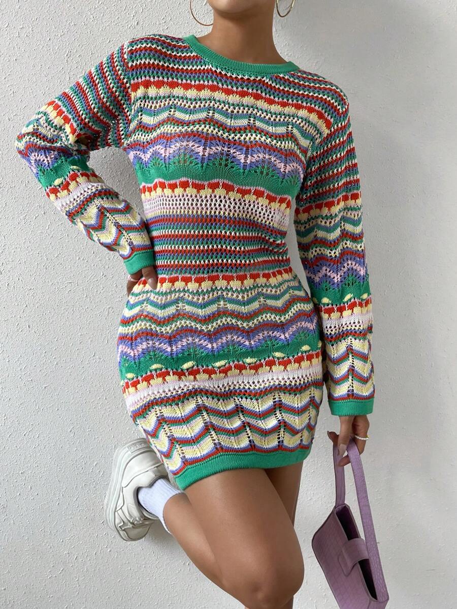 SHEIN Essnce Chevron Pattern Pointelle Knit Sweater Dress | SHEIN USA