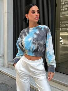 EURMUSE Tie Dye Drop Shoulder Crop Sweatshirt - Multicolor - View 1