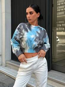 EURMUSE Tie Dye Drop Shoulder Crop Sweatshirt - Multicolor - View 5