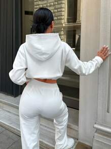 SHEIN PETITE Solid Crop Hoodie For Spring & Autumn - White - View 2