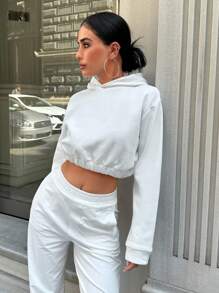 SHEIN PETITE Solid Crop Hoodie For Spring & Autumn - White - View 3