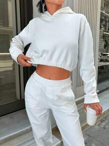 SHEIN PETITE Solid Crop Hoodie For Spring & Autumn - White - View 4