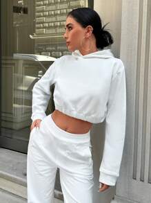 SHEIN PETITE Solid Crop Hoodie For Spring & Autumn - White - View 5