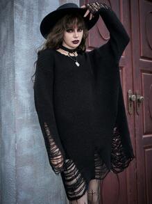 ROMWE PUNK Solid Distressed Sweater Dress - Black - View 1