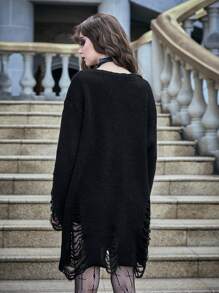 ROMWE PUNK Solid Distressed Sweater Dress - Black - View 2