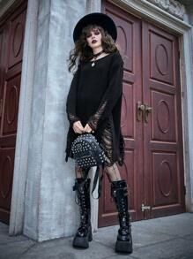 ROMWE PUNK Solid Distressed Sweater Dress - Black - View 3