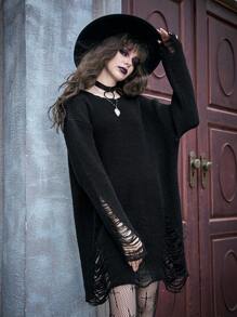 ROMWE PUNK Solid Distressed Sweater Dress - Black - View 4