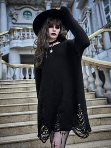 ROMWE PUNK Solid Distressed Sweater Dress - Black - View 6