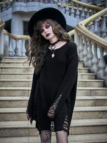 ROMWE PUNK Solid Distressed Sweater Dress - Black - View 7