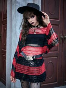 ROMWE PUNK Jersey con patrón de rayas de manga murciélago sin cinturón - Multicolor - Ver 1