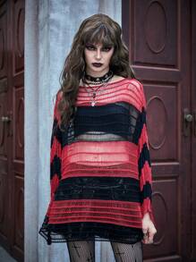 ROMWE PUNK Jersey con patrón de rayas de manga murciélago sin cinturón - Multicolor - Ver 5