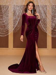 YISIKADO 方领扭纹前开叉大腿天鹅绒礼服优雅长袖舞会晚会婚礼宾客礼服，适合毕业典礼、晚宴 - 紫紅色 - 查看 1